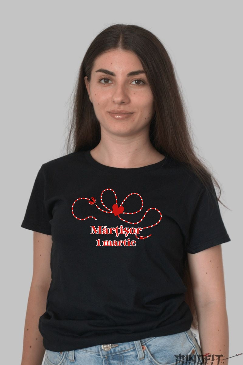 Tricou Martisor 1 Martie Cu Fundita Rosie Dama Negru