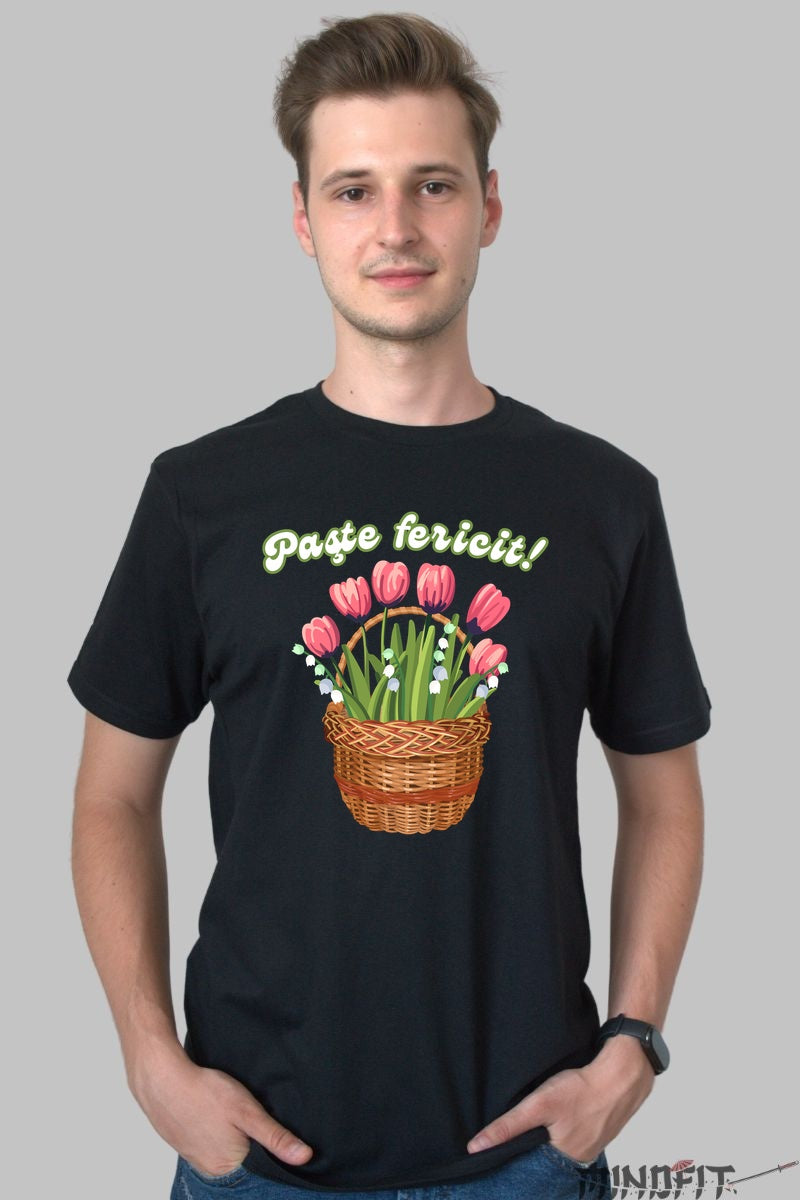 Tricou Paste Fericit - Cos cu Flori Barbat Negru