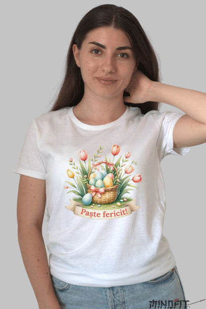 Tricou Paste Fericit - Cos cu Oua Si Flori Dama Alb