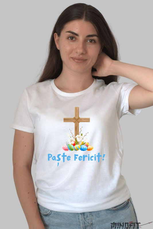 Tricou Paste Fericit - Design Cu Oua De Paste Si Cruce Dama Alb