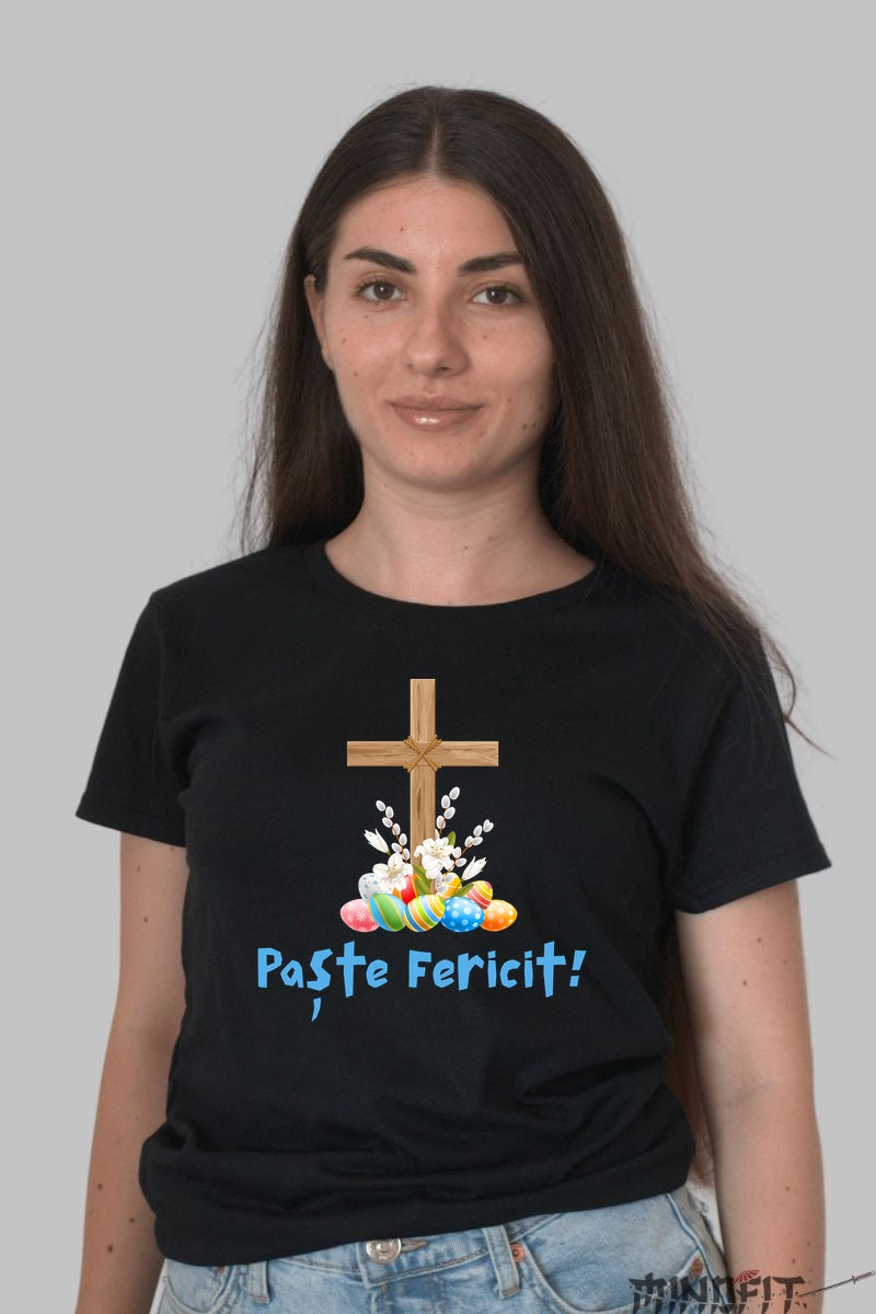 Tricou Paste Fericit - Design Cu Oua De Paste Si Cruce Dama Negru