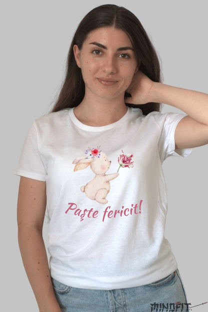 Tricou Paste Fericit - Iepuras Ce Daruieste Flori Dama Alb