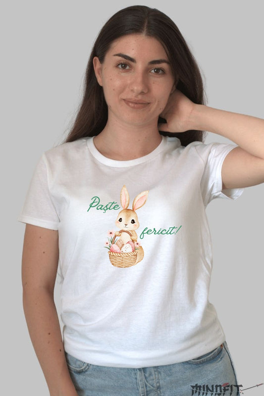 Tricou Paste Fericit - Iepuras Cu Cosul De Oua Pregatit Dama Alb