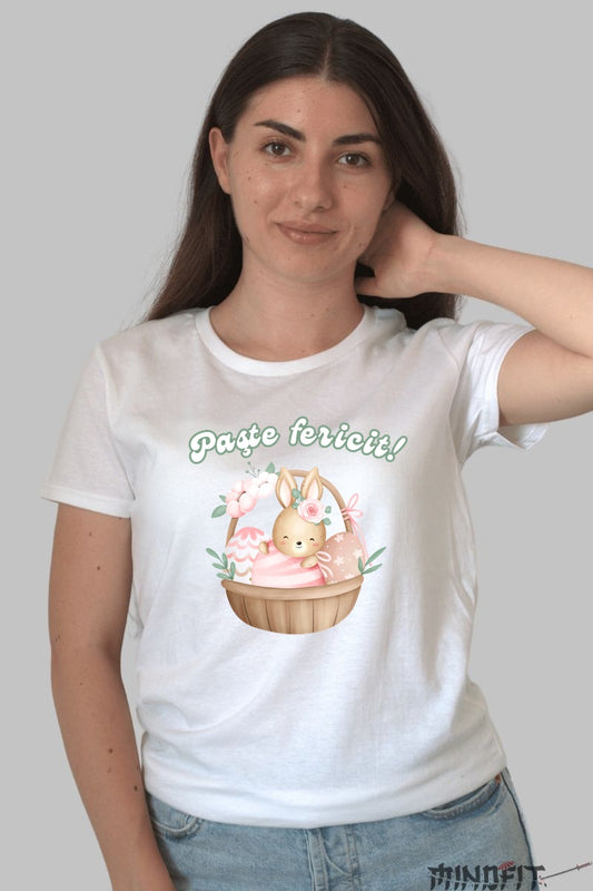 Tricou Paste Fericit - Iepuras In Cosul De Oua Impodobit Dama Alb