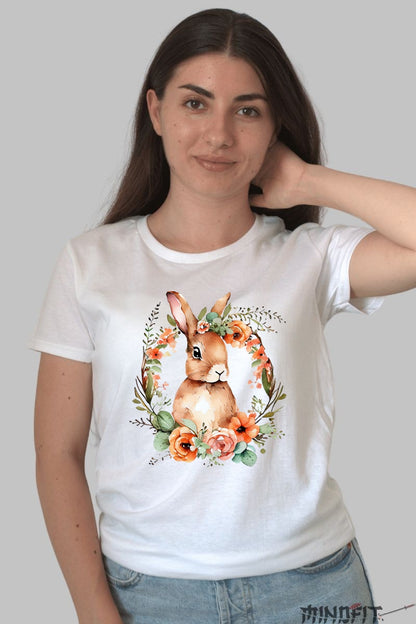 Tricou Paste Fericit - Iepuras Intre Flori Dama Alb