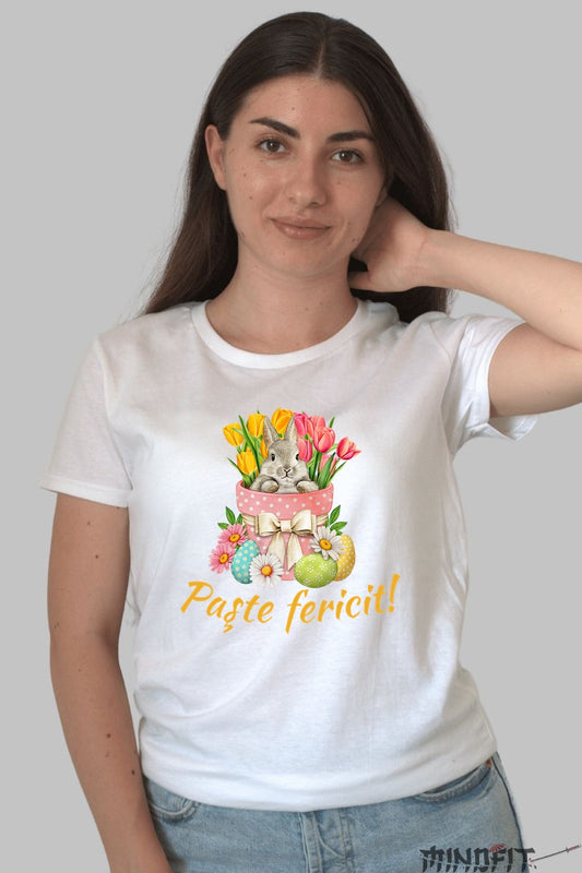 Tricou Paste Fericit - Iepuras Intre Lalele Dama Alb