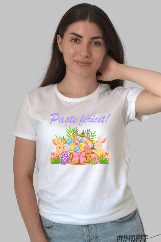 Tricou Paste Fericit - Iepurasi Langa Cosuletul Pregatit Dama Alb