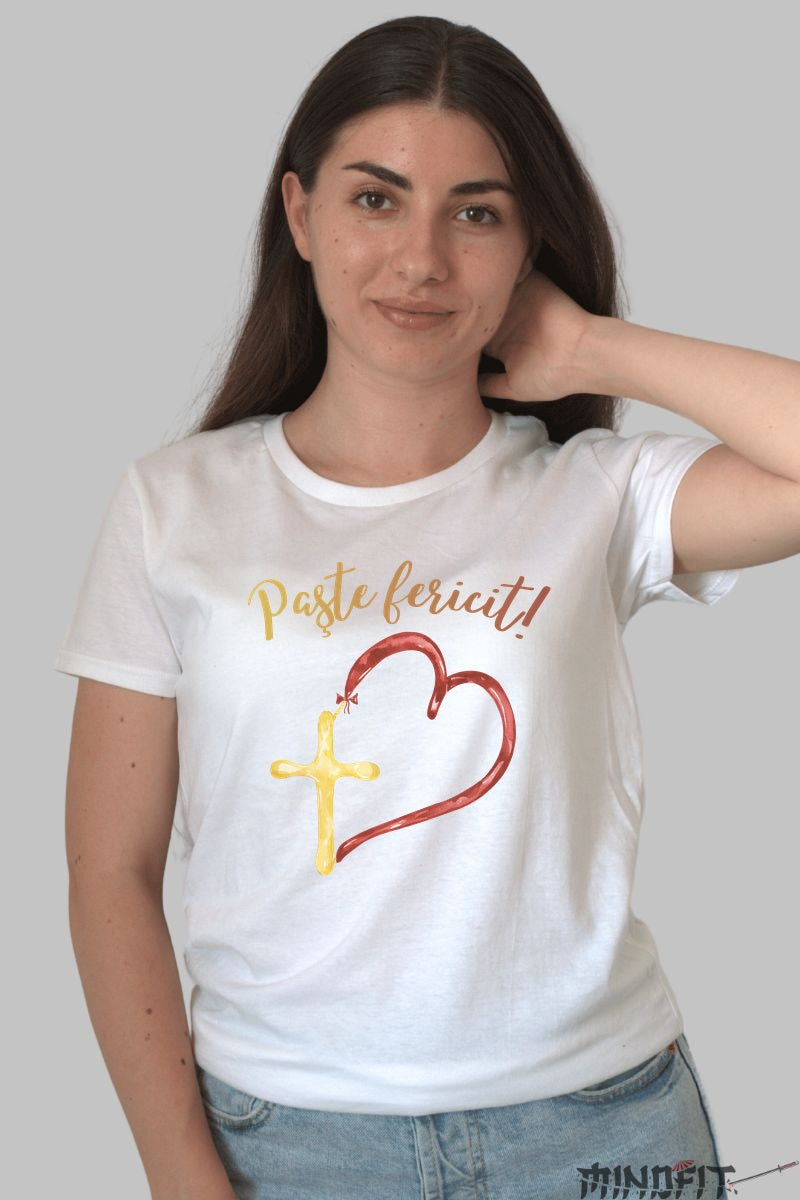 Tricou Paste Fericit - Inima si Cruce Dama Alb