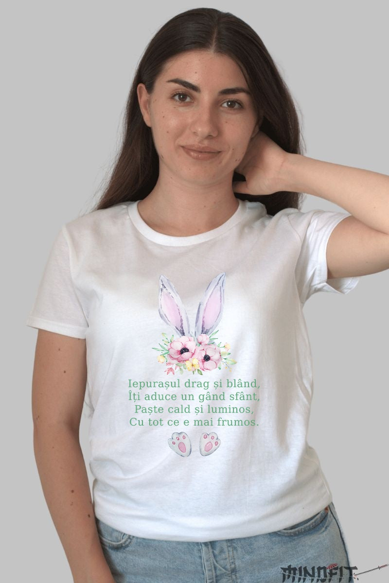 Tricou Paste Fericit - Poezie Cu Iepuras De Paste Dama Alb