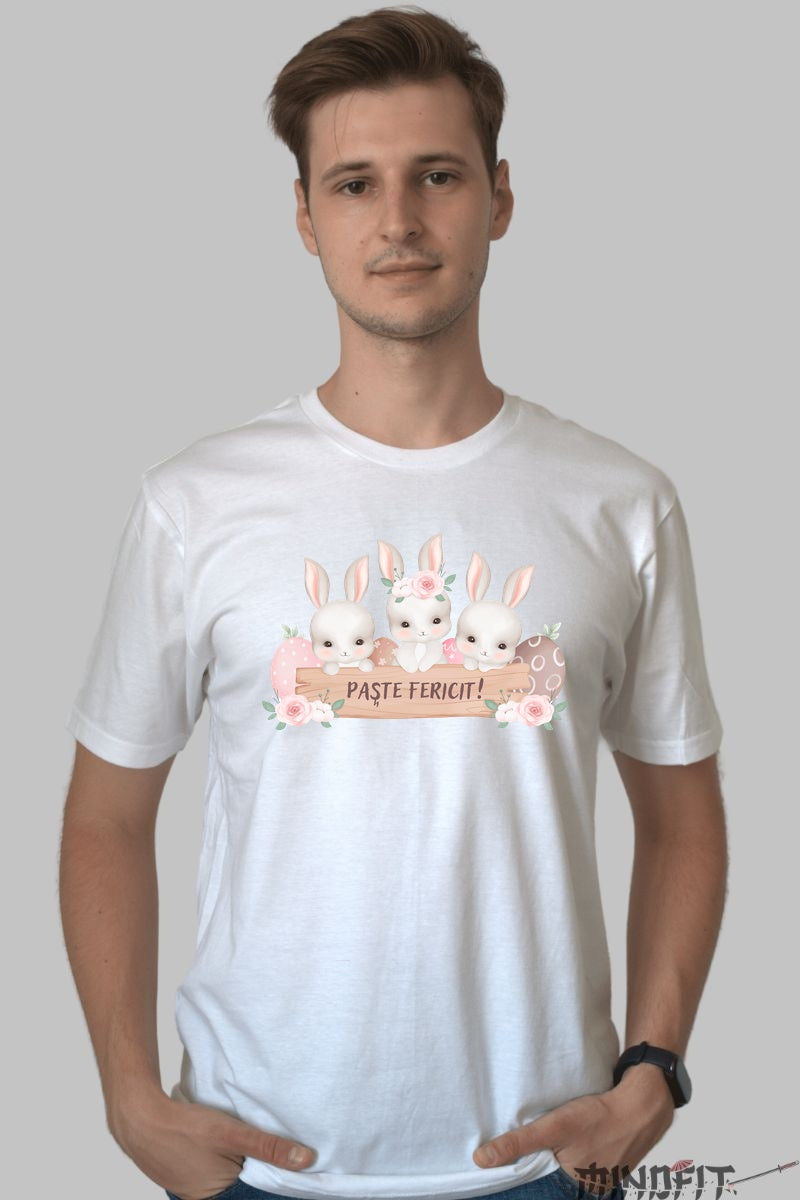 Tricou Paste Fericit - Trei Iepurasi Veseli Barbat Alb