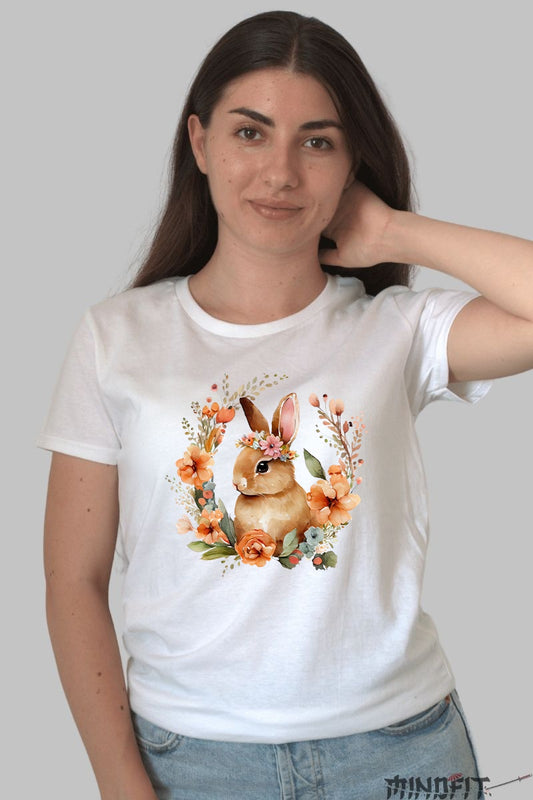 Tricou Paste - Iepuras In Coronita Cu Flori Portocalii Dama Alb