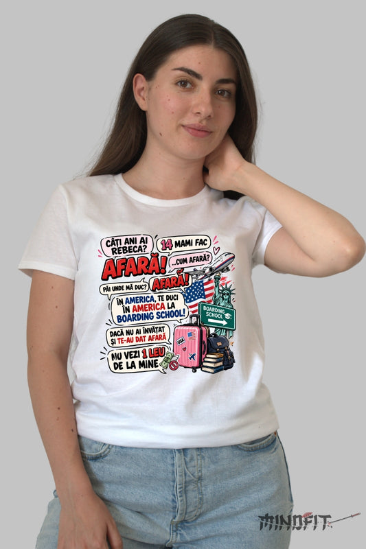Tricou unisex Afara Te Duci In America dama alb