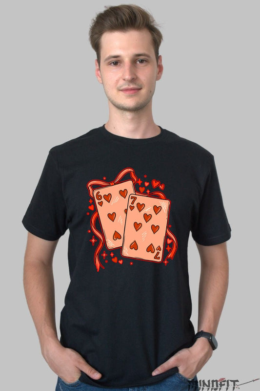 Tricou Valentine's Day Cuplu - 6 si 7 de Inima, Noroc in Dragoste barbat negru