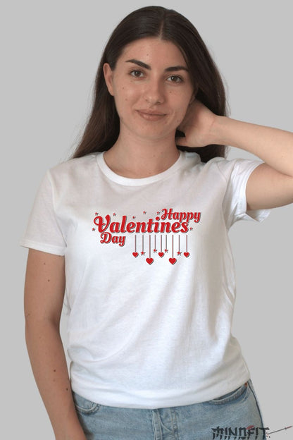 Tricou Valentine's Day - Happy Valentines cu Inimi Suspendate dama alb